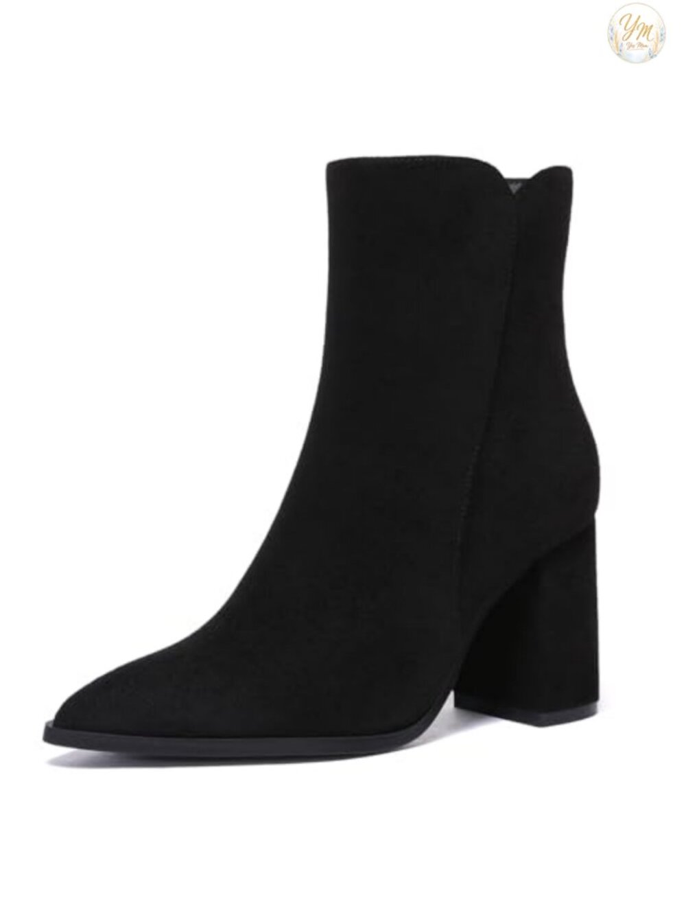 Womens Leather Suede Pointed Toe Chunky Heel Ankle Booties Side Zip